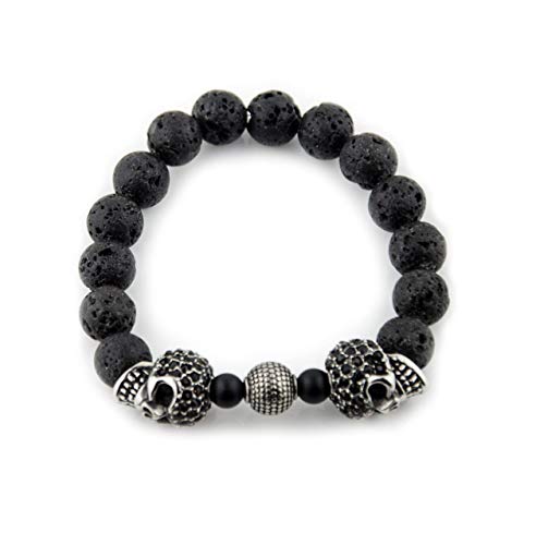 Perlenarmband Lava Steine mit Edelstahl Beads und doppeltem Edelstahl und Zirkonia Totenkopf