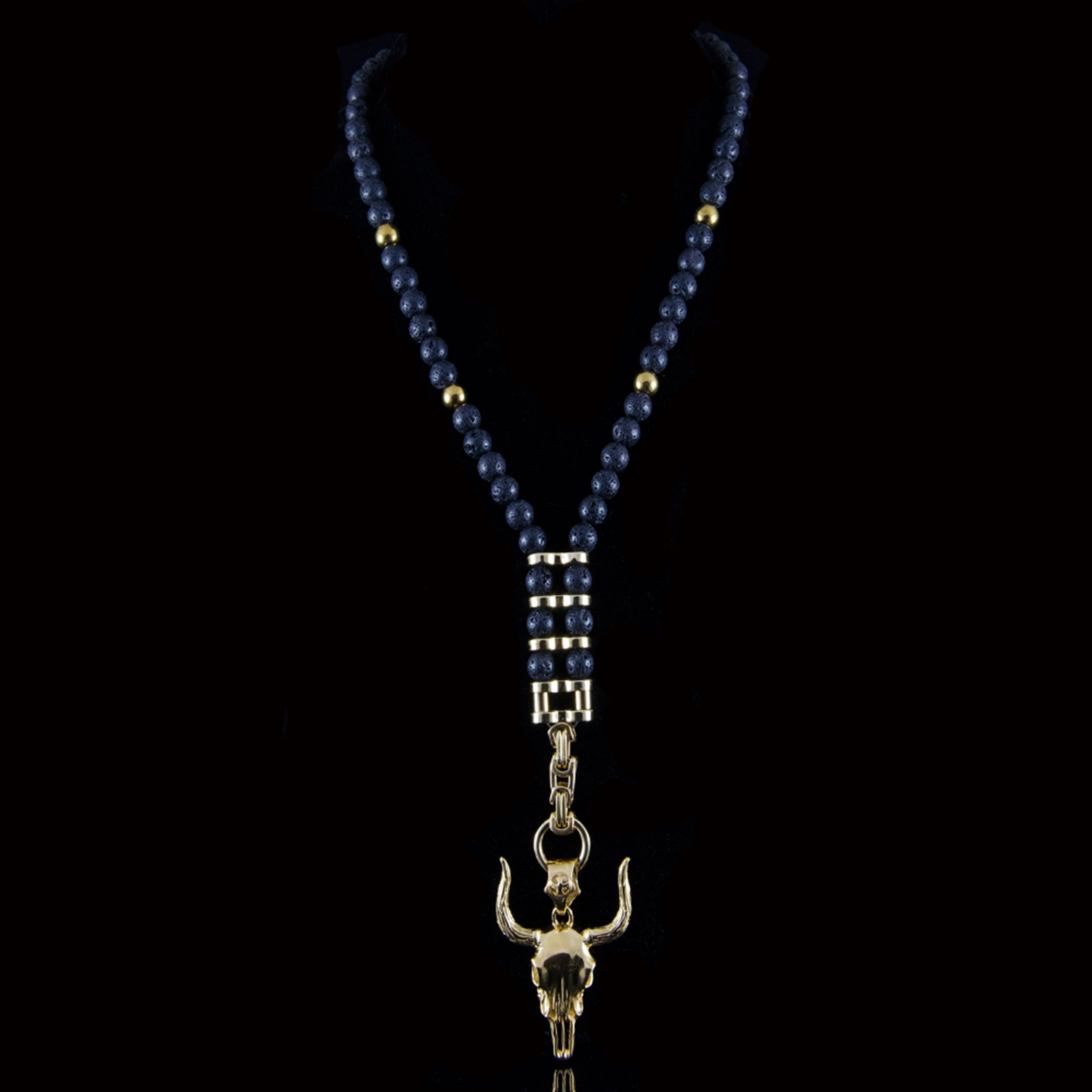 Y-Perlenkette mit Lava Steinen und goldenem Edelstahl Biker-Look