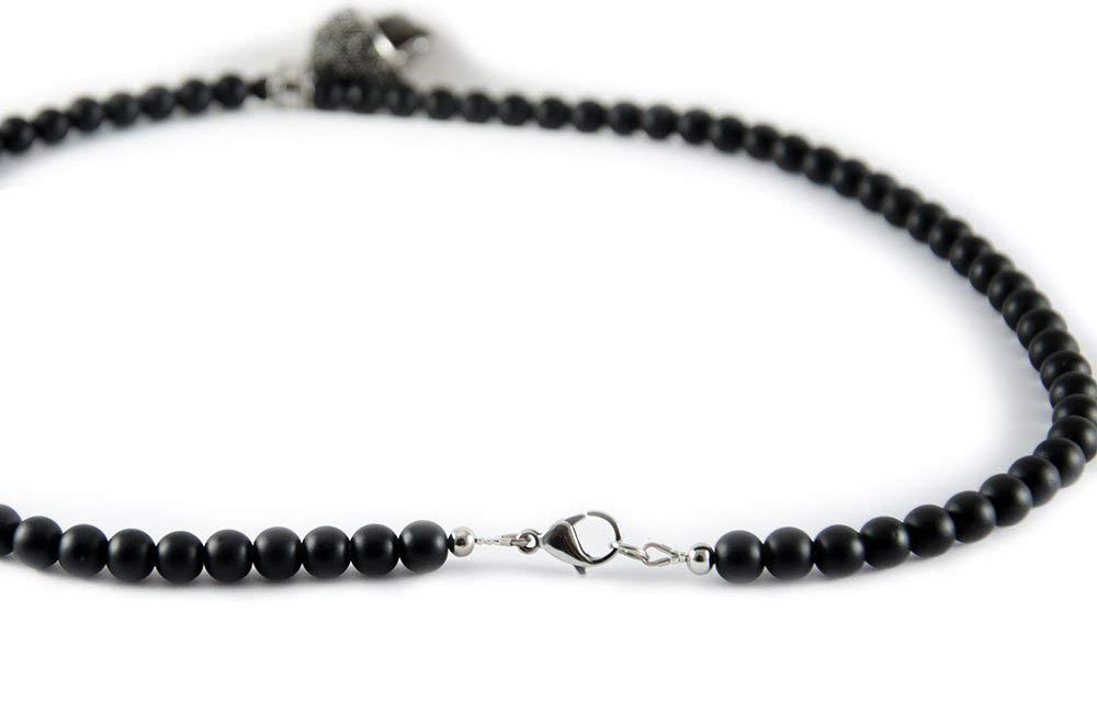 Perlenkette Onyx Steine mit Edelstahl Zirconia Totenkopf