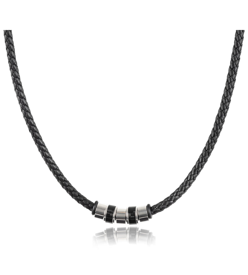Herren Leder Halskette - Schwarze Leder- und Edelstahl-Beads mit Innovativem Hebeldruckverschluss