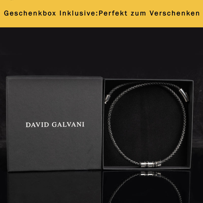 Herren Leder Halskette - Schwarze Leder- und Edelstahl-Beads mit Innovativem Hebeldruckverschluss
