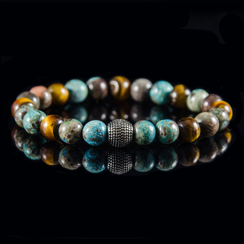 Perlenarmband Tigerauge und Ocean Agate mit Edelstahl Beads