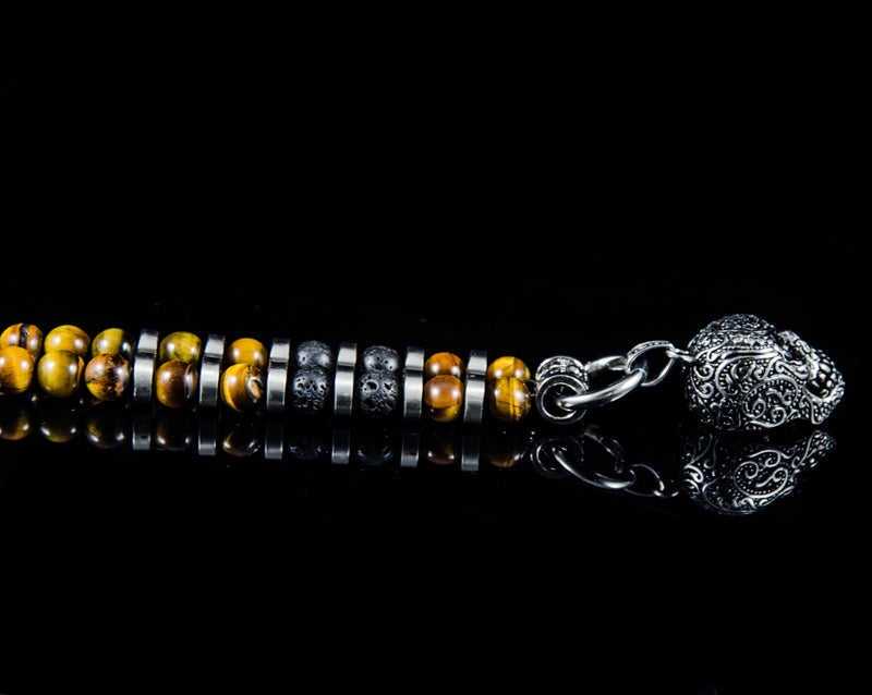 Perlenkette - Tigerauge & Lava 10mm und Edelstahl