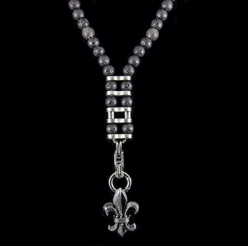 Y-Perlenkette mit Lava Steinen und Edelstahl Biker-Look