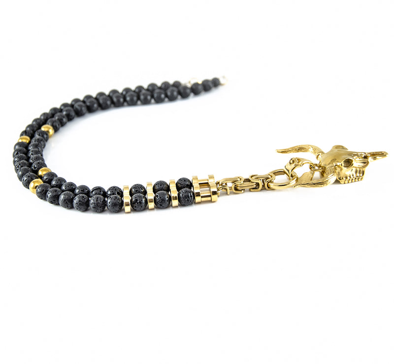 Y-Perlenkette mit Lava Steinen und goldenem Edelstahl Biker-Look