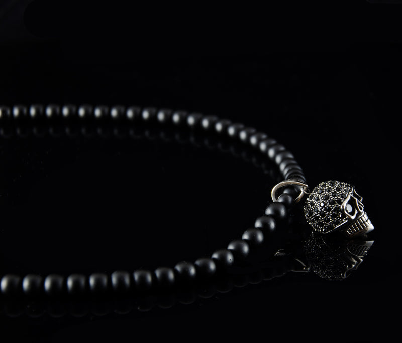Perlenkette Onyx Steine mit Edelstahl Zirconia Totenkopf