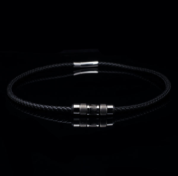 Handgefertigte Echte Rindsleder-Herrenkette mit Edelstahl-Beads | Stilvolle geflochtene Halskette | Silver Milano