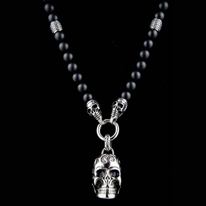 Perlenkette - 10mm Onyx Totenkopf Elemente
