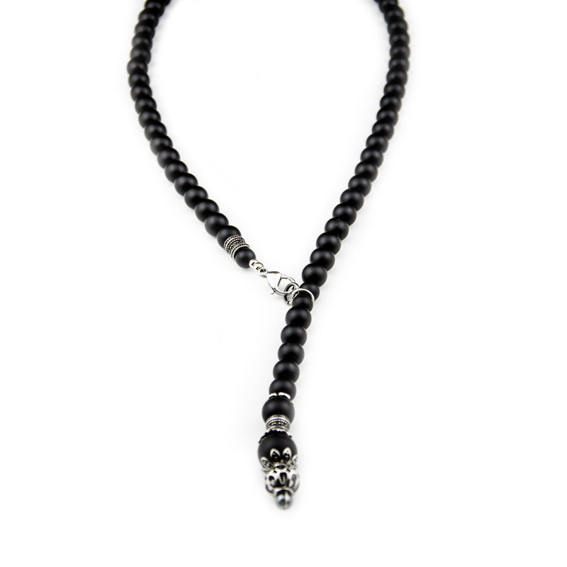 Rosenkranz Perlenkette aus Onyx mit seitlichem Karabiner und Edelstahl Zwischenstück