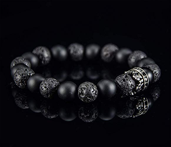 Perlenarmband Onyx und Lava Steine mit eleganter Edelstahl Krone