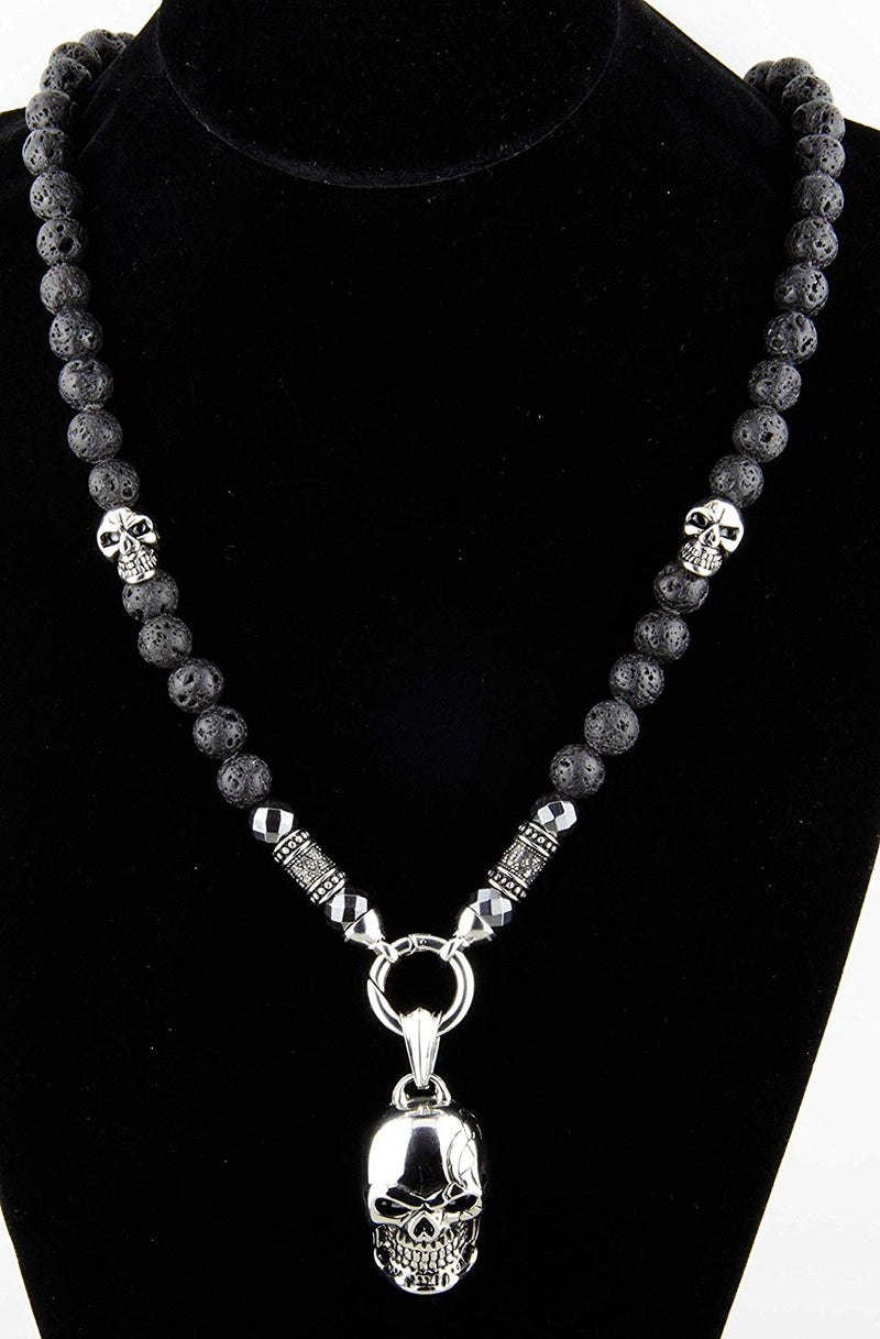 Perlenkette mit Lava und Hämatit Steinen und Edelstahl Totenköpfen